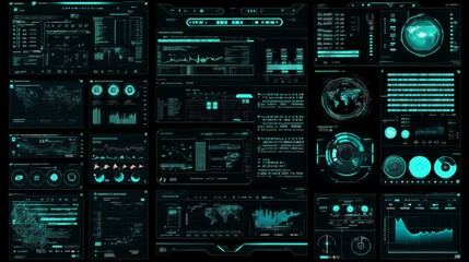 A futuristic motion graphic user interface head-up display template with an overlay of digital data telemetry information at the bottom