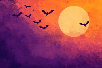 Vibrant Halloween themed digital featuring silhouetted flying witches bats and a large full moon against a dark atmospheric background with striking orange and purple hues