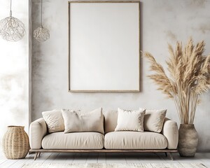 mock up poster frame in modern interior background, minimalistic modern clean empty living room, with plant and furniture. Scandinavian style