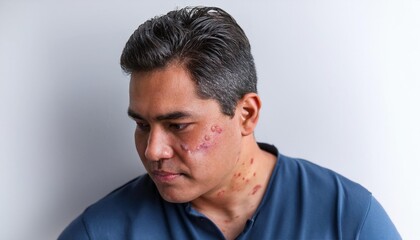 Fototapeta premium Man with Red Rash on Face and Neck