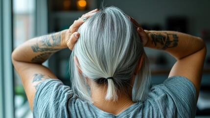 Fototapeta premium A person seen from behind with silver hair and tattooed arms, hands on head, wearing a gray shirt, in a casual indoor setting, portraying a moment of contemplation.