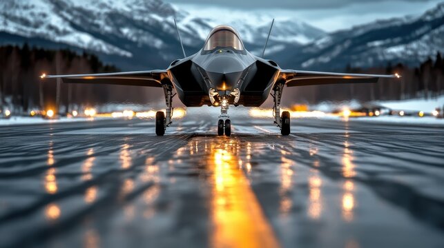 A sleek F-35 fighter jet poised on a wet runway with blurred lights, set against a stunning mountain backdrop, presenting a powerful scene of modern aviation magnificence.