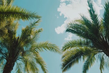 Fototapeta premium A tropical palm tree with sun light against a sky background is copied.