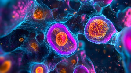 Detailed view of liver cells under a biological microscope, displaying intricate cell membranes and bright, glowing colors.