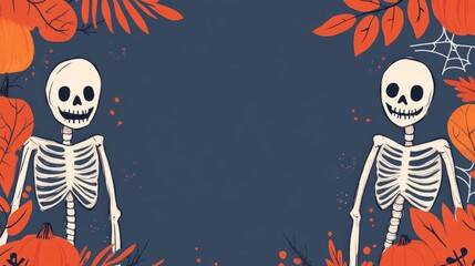 Detailed Halloween featuring cartoon skeleton silhouettes and spooky cobweb frames in vibrant orange and navy colors providing a blank space for custom text or overlay