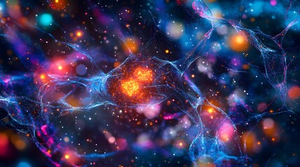 Stunning close-up of brain cells under a biological microscope, with complex neural pathways and glowing colors.