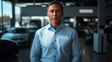 Fototapeta premium Confident Businessman in White Shirt Standing in Modern Car Dealership Showroom