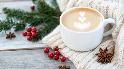 Cozy Winter Scene with Warm Coffee and Festive Decorations for a Relaxing Atmosphere