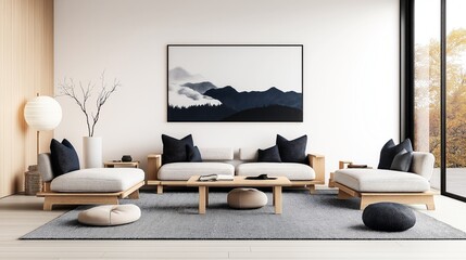 Modern living room with minimalist furniture including a light gray sofa, wooden table, round cushions, and a mountain landscape painting. Large window with view of autumn trees.