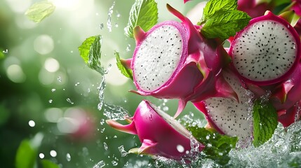 Fresh Dragon Fruit Splash with Mint Leaves