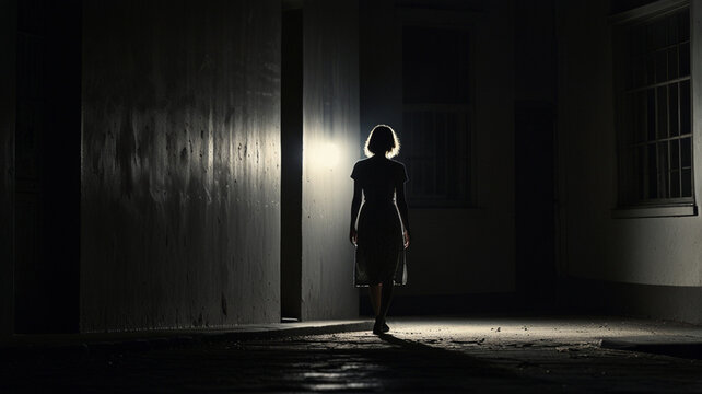 Young woman walking home alone at night in the dark street, concept of insecurity and fear of walking alone at night