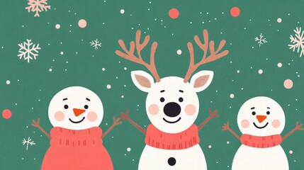 Cheerful and Festive Winter Wonderland with Cartoon Style Snowmen Reindeer Ornaments and Snowy Background for Holiday Greetings and Christmas