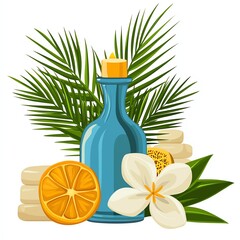 A serene arrangement featuring a blue bottle, citrus slices, a white flower, and green leaves, symbolizing relaxation and natural beauty.