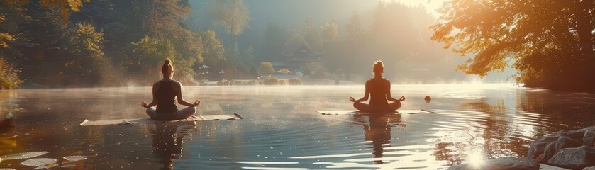 Yoga practitioners meditating by a serene lake, wellness, mindfulness