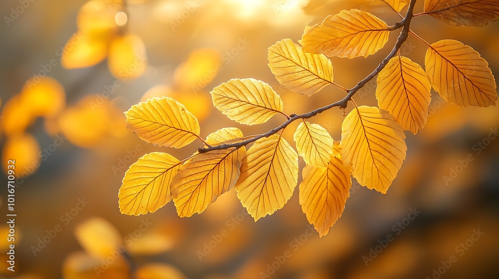 Poster a close-up view of golden leaves illuminated by sunlight, showcasing the beauty of autumn with soft 