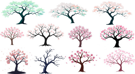 Collection of stylized sakura trees, showcasing the beauty and variety of this iconic asian tree. Asian set with cherry blossom tree in silhouette.