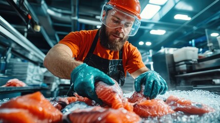 In an industrial setting, a bearded worker with protective gear handles fresh salmon on ice, demonstrating the importance of safety and precision in food processing.