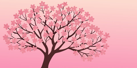Asian background with sakura blossom tree in silhouette. Stylized cherry tree with pink flowers blooming on its branches while petals are flying in the wind.