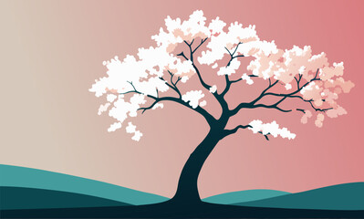 Obraz premium Stylized sakura tree with white flowers blooming on a pink background, evoking a sense of tranquility and the beauty of nature. Asian background with cherry blossom tree in silhouette.
