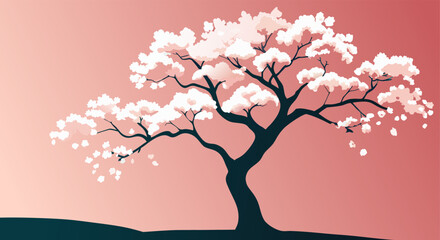 Fototapeta premium Stylized sakura tree with white flowers blooming on a pink background, evoking a sense of tranquility and the beauty of nature. Asian background with cherry blossom tree in silhouette.