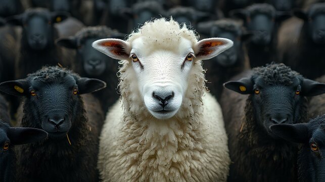 White sheep in front of black sheep herd leadership concept
