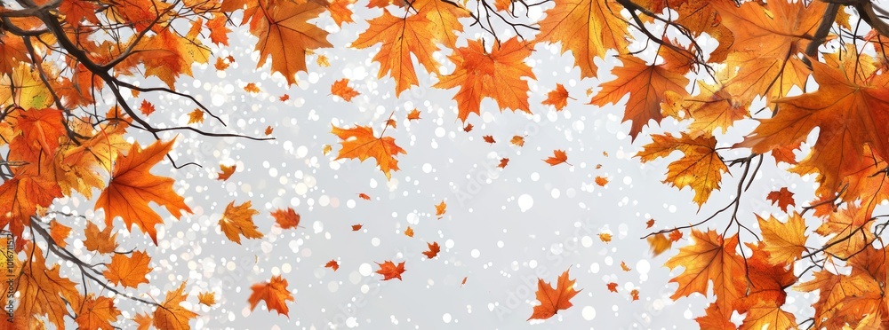 Wall mural Modern autumn frame with colorful leaves and raindrops.