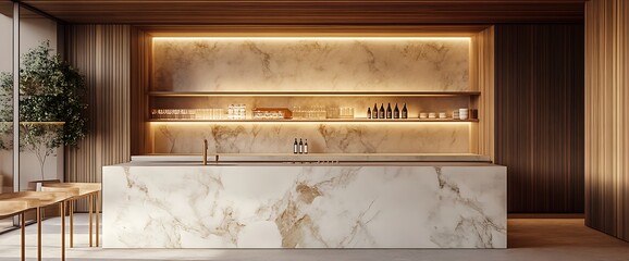 Modern kitchen counter with marble top and wooden cabinets.