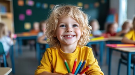 An enthusiastic child beams while holding colorful pencils in a classroom full of blurred classmates, encapsulating youthful creativity and learning environment.