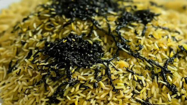 dismal sight rice grains become infested mold grotesque display black green yellow hues alarming footage highlights reality fungal invaders tale food safety spoilage 