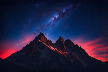 A sharp mountain silhouette under a vivid red and blue starry night sky, AI generated © Toseef