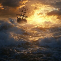  A ship sailing through rough seas, surrounded by crashing waves and golden sunlight filtering from the clouds above