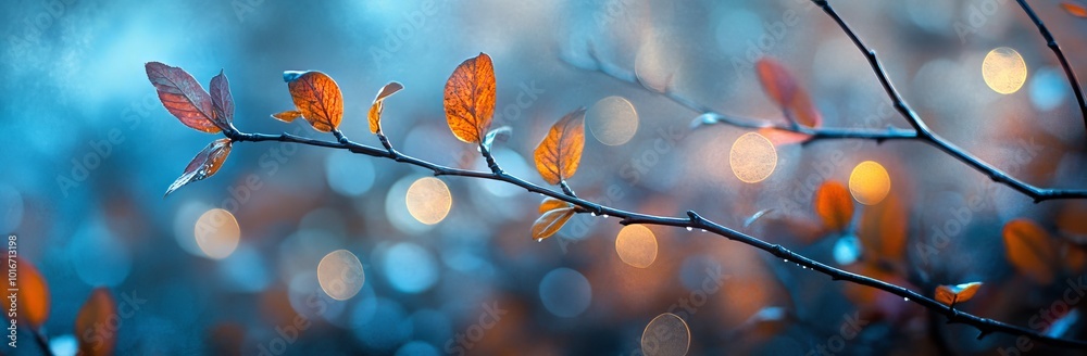 Wall mural In a panoramic format, this autumn background features red, yellow and green leaves that frame blue highlights in the bokeh