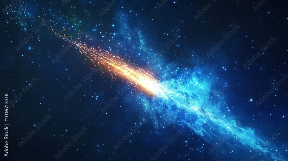 Poster a vibrant cosmic scene featuring a streak of bright light amidst a deep blue galaxy, evoking a sense