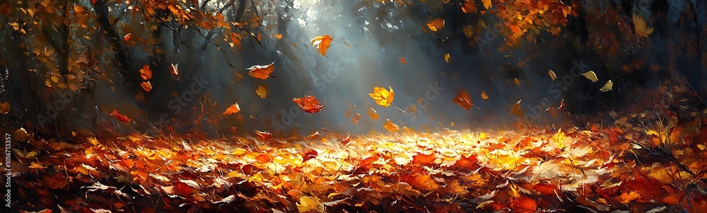 Aufkleber A serene autumn scene with fallen leaves and soft sunlight filtering through the trees, creating a warm, golden atmosphere.
