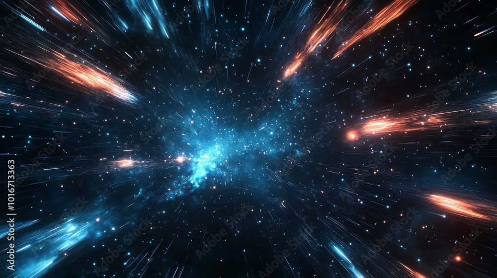Poster A mesmerizing cosmic scene featuring vibrant streaks of light traveling through a starry universe, creating a feeling of depth and movement.