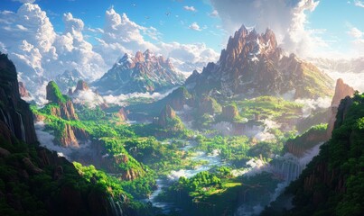 Naklejka premium Majestic mountain range with lush valley and clouds.