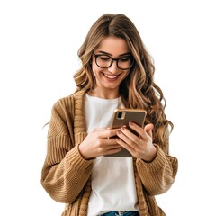 Phone, reading and happy woman or student on social media, university email or chat isolated 