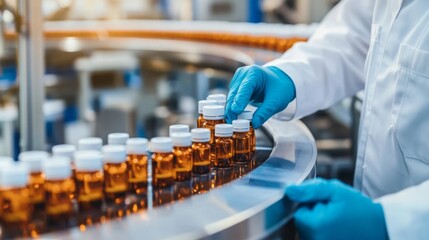 A lab technician in blue gloves places amber bottles on a conveyor belt in a pharmaceutical manufacturing environment.