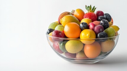 A colorful assortment of fresh fruit in a clear glass bowl against a white background, including oranges, berries, and apples.