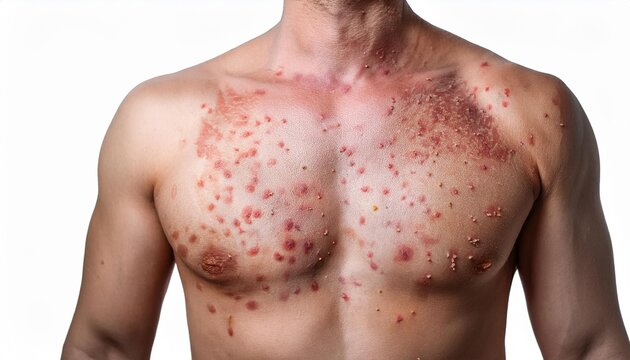 Close Up of Man s Chest with Skin Condition  Red Spots and Scabs  Isolated on White Background