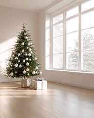 Minimalist Living Room with Decorated Christmas Tree by a Sunlit Window