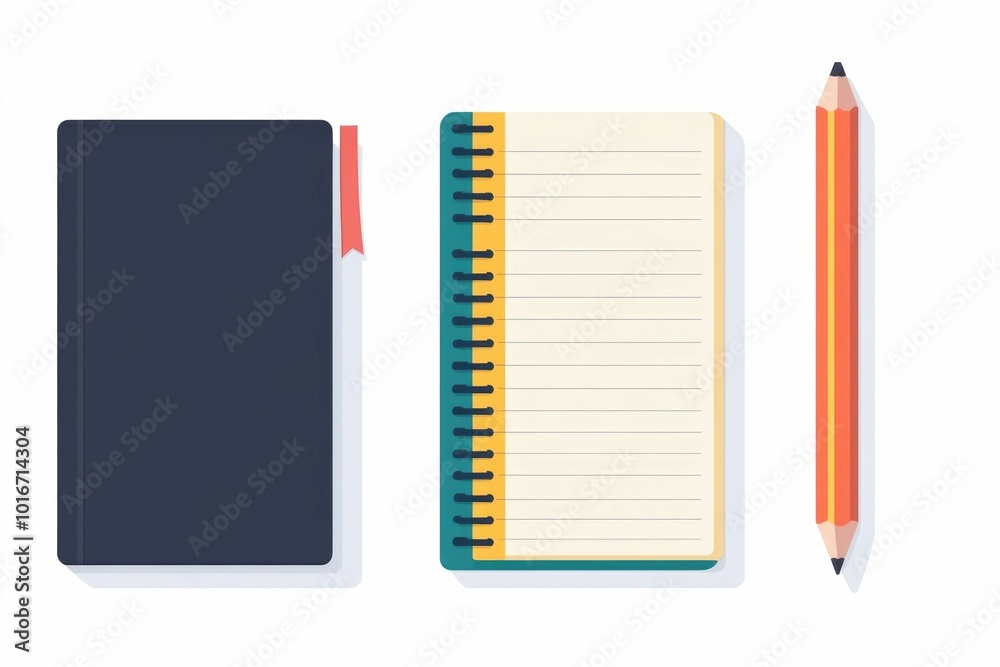 Poster icon set featuring a notebook pencil and sharpener with clean lines and a flat design isolated on a 