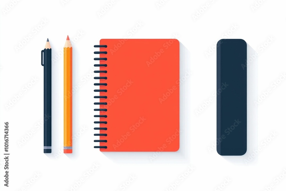 Poster minimalist icon set featuring a notebook pencil and sharpener in clean lines and flat design isolate