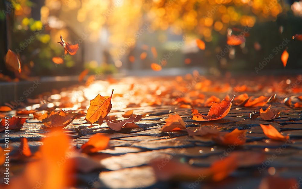 Poster a serene autumn scene featuring golden leaves scattered on a cobblestone path, illuminated by warm, 