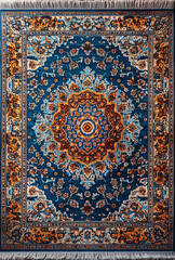 Persian rug with blue and orange floral medallion