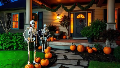 Two skeletons stand on a porch with pumpkins and fall decorations on a spooky Halloween night