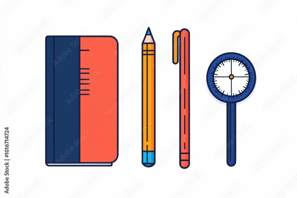 Poster minimalist and clean featuring a simple set of icons representing a notebook pencil and protractor e