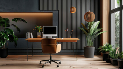 A stylish modern workspace designed for remote workers, featuring sleek furniture, minimalist design, and advanced tech integration.