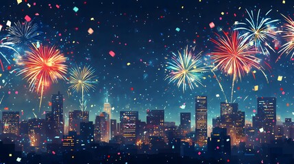 Fireworks Display Over a Cityscape at Night with Confetti
