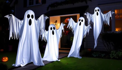 Naklejka premium Four glowing ghost decorations stand on a walkway in front of a house at night